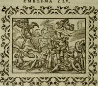 An illustration from Omnia Andreae Alciati v.c. emblemata : cum commentariis, quibus emblematum omnium aperta origine, mens authoris explicatur, & obscura omnia dubiaque illustrantur (1583)