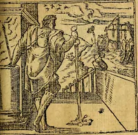 An illustration from Omnia D. And. Alciati emblemata : ad quae singula, praeter concinnas acutásque inscriptiones, lepidas & expressas imagines, ac caetera omnia, quae prioribus nostris editionibus cúm ad eorum distinctionem, tum ad ornatum & correctionem adhibita continebantur, : nunc primùm perelegantia persubtiliáq[ue] adiecta sunt epimuthia, quibus emblematum amplitudo quaecunq[ue] in iis dubia sunt aut obscura, tanquam perspicuis illustrantur (1566)