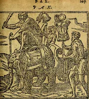 Picture 196 of 238 from Omnia D. And. Alciati emblemata : ad quae singula, praeter concinnas acutásque inscriptiones, lepidas & expressas imagines, ac caetera omnia, quae prioribus nostris editionibus cúm ad eorum distinctionem, tum ad ornatum & correctionem adhibita continebantur, : nunc primùm perelegantia persubtiliáq[ue] adiecta sunt epimuthia, quibus emblematum amplitudo quaecunq[ue] in iis dubia sunt aut obscura, tanquam perspicuis illustrantur (1566), leaf 212