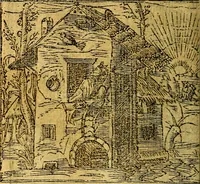 An illustration from Omnia D. And. Alciati emblemata : ad quae singula, praeter concinnas acutásque inscriptiones, lepidas & expressas imagines, ac caetera omnia, quae prioribus nostris editionibus cúm ad eorum distinctionem, tum ad ornatum & correctionem adhibita continebantur, : nunc primùm perelegantia persubtiliáq[ue] adiecta sunt epimuthia, quibus emblematum amplitudo quaecunq[ue] in iis dubia sunt aut obscura, tanquam perspicuis illustrantur (1566)