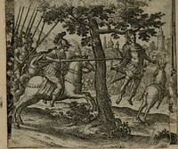 An illustration from Omnium virtutum christianarum exemplo Dauidis : pastoris, militis, ducis, exsulis ac prophetae longe praestantissimi nobis adumbratarum speculum purum ac pellucidum, omnibus & singulis piè ac Christianè vivere volentibus perutile ac necessarium : quod etiam figuris Aeneis perpulchris ac artificiosis adornatum (1632)
