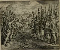 An illustration from Omnium virtutum christianarum exemplo Dauidis : pastoris, militis, ducis, exsulis ac prophetae longe praestantissimi nobis adumbratarum speculum purum ac pellucidum, omnibus & singulis piè ac Christianè vivere volentibus perutile ac necessarium : quod etiam figuris Aeneis perpulchris ac artificiosis adornatum (1632)