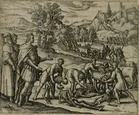 An illustration from Omnium virtutum christianarum exemplo Dauidis : pastoris, militis, ducis, exsulis ac prophetae longe praestantissimi nobis adumbratarum speculum purum ac pellucidum, omnibus & singulis piè ac Christianè vivere volentibus perutile ac necessarium : quod etiam figuris Aeneis perpulchris ac artificiosis adornatum (1632)