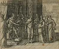 An illustration from Omnium virtutum christianarum exemplo Dauidis : pastoris, militis, ducis, exsulis ac prophetae longe praestantissimi nobis adumbratarum speculum purum ac pellucidum, omnibus & singulis piè ac Christianè vivere volentibus perutile ac necessarium : quod etiam figuris Aeneis perpulchris ac artificiosis adornatum (1632)