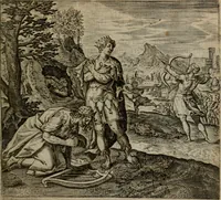 An illustration from Omnium virtutum christianarum exemplo Dauidis : pastoris, militis, ducis, exsulis ac prophetae longe praestantissimi nobis adumbratarum speculum purum ac pellucidum, omnibus & singulis piè ac Christianè vivere volentibus perutile ac necessarium : quod etiam figuris Aeneis perpulchris ac artificiosis adornatum (1632)