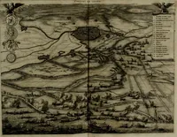 An illustration from Oorsprongk, Begin, en Vervolgh der Nederlandsche Oorlogen, beroerten, en Borgerlyke Oneenigheden : beginnende met d'opdracht der selve Landen, gedaen by Keyser Karel den Vijfden, aen sijnen Soon Konink Philippus van Spanjen, en eindigende met het einde van 't jaer M D C (1679)