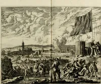 An illustration from Oorsprongk, Begin, en Vervolgh der Nederlandsche Oorlogen, beroerten, en Borgerlyke Oneenigheden : beginnende met d'opdracht der selve Landen, gedaen by Keyser Karel den Vijfden, aen sijnen Soon Konink Philippus van Spanjen, en eindigende met het einde van 't jaer M D C (1679)
