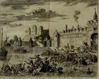 An illustration from Oorsprongk, Begin, en Vervolgh der Nederlandsche Oorlogen, beroerten, en Borgerlyke Oneenigheden : beginnende met d'opdracht der selve Landen, gedaen by Keyser Karel den Vijfden, aen sijnen Soon Konink Philippus van Spanjen, en eindigende met het einde van 't jaer M D C (1679)