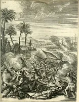 An illustration from Oost-Indische voyagie; vervattende veel voorname voorvallen en ongemeene oreemde geschiedenissen, bloedige zee- en landtgevechten tegen de Portugeesen en Makassaren .. (1676)