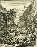 An illustration from Oost-Indische voyagie; vervattende veel voorname voorvallen en ongemeene oreemde geschiedenissen, bloedige zee- en landtgevechten tegen de Portugeesen en Makassaren .. (1676)