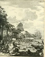An illustration from Oost-Indische voyagie; vervattende veel voorname voorvallen en ongemeene oreemde geschiedenissen, bloedige zee- en landtgevechten tegen de Portugeesen en Makassaren .. (1676)