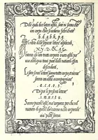 An illustration from Opera del reverendo padre don Avgvstino da Sciena, monaco certosino : nellaquale s'insegna a scriuere varie sorti di lettere, tanto cancellaresche, quanto mercantesche : con varie sorti di lettere todesche, con diuerse sorti di alphabetti bellissimi, & con alcune dechiarationi del temperar della penna : et vna recetta per far l'inchiostro negrissimo, con tanta facilità, che ciascheduno per semplice che sia, lo farà (1573)