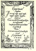 An illustration from Opera del reverendo padre don Avgvstino da Sciena, monaco certosino : nellaquale s'insegna a scriuere varie sorti di lettere, tanto cancellaresche, quanto mercantesche : con varie sorti di lettere todesche, con diuerse sorti di alphabetti bellissimi, & con alcune dechiarationi del temperar della penna : et vna recetta per far l'inchiostro negrissimo, con tanta facilità, che ciascheduno per semplice che sia, lo farà (1573)