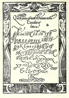An illustration from Opera del reverendo padre don Avgvstino da Sciena, monaco certosino : nellaquale s'insegna a scriuere varie sorti di lettere, tanto cancellaresche, quanto mercantesche : con varie sorti di lettere todesche, con diuerse sorti di alphabetti bellissimi, & con alcune dechiarationi del temperar della penna : et vna recetta per far l'inchiostro negrissimo, con tanta facilità, che ciascheduno per semplice che sia, lo farà (1573)