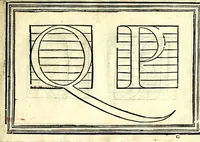 An illustration from Opera di frate Vespasiano Amphiareo da Ferrara dell'ordine minore conventvale, nella qvale s'insegna a scrivere varie sorti di lettere : & massime una lettera bastarda da lui nouamente con sua industria ritrouata, laquale serue al cancellaresco & mercantesco : poi insegna a far l'inchiostro negrissimo con tanta facilità, che ciascuno per semplice che sia, lo saprà far da se : anchora a macinar l'oro, & scriuere con esso come si farà con l'inchiostro, parimente a scriuere con l'azurro, & col cenaprio : opera vtilissima, e molto necessaria all'uso humano : aggivntovi di nvovo dve bellissimi alpha beti di maiuscole, che nell'altre impressioni non si sono piu stampati (1572)