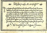 An illustration from Opera di frate Vespasiano Amphiareo da Ferrara dell'ordine minore conventvale, nella qvale s'insegna a scrivere varie sorti di lettere : & massime una lettera bastarda da lui nouamente con sua industria ritrouata, laquale serue al cancellaresco & mercantesco : poi insegna a far l'inchiostro negrissimo con tanta facilità, che ciascuno per semplice che sia, lo saprà far da se : anchora a macinar l'oro, & scriuere con esso come si farà con l'inchiostro, parimente a scriuere con l'azurro, & col cenaprio : opera vtilissima, e molto necessaria all'uso humano : aggivntovi di nvovo dve bellissimi alpha beti di maiuscole, che nell'altre impressioni non si sono piu stampati (1572)