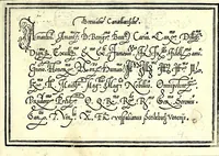 An illustration from Opera di frate Vespasiano Amphiareo da Ferrara dell'ordine minore conventvale, nella qvale s'insegna a scrivere varie sorti di lettere : & massime una lettera bastarda da lui nouamente con sua industria ritrouata, laquale serue al cancellaresco & mercantesco : poi insegna a far l'inchiostro negrissimo con tanta facilità, che ciascuno per semplice che sia, lo saprà far da se : anchora a macinar l'oro, & scriuere con esso come si farà con l'inchiostro, parimente a scriuere con l'azurro, & col cenaprio : opera vtilissima, e molto necessaria all'uso humano : aggivntovi di nvovo dve bellissimi alpha beti di maiuscole, che nell'altre impressioni non si sono piu stampati (1572)