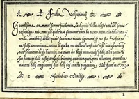 An illustration from Opera di frate Vespasiano Amphiareo da Ferrara dell'ordine minore conventvale, nella qvale s'insegna a scrivere varie sorti di lettere : & massime una lettera bastarda da lui nouamente con sua industria ritrouata, laquale serue al cancellaresco & mercantesco : poi insegna a far l'inchiostro negrissimo con tanta facilità, che ciascuno per semplice che sia, lo saprà far da se : anchora a macinar l'oro, & scriuere con esso come si farà con l'inchiostro, parimente a scriuere con l'azurro, & col cenaprio : opera vtilissima, e molto necessaria all'uso humano : aggivntovi di nvovo dve bellissimi alpha beti di maiuscole, che nell'altre impressioni non si sono piu stampati (1572)