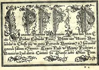 An illustration from Opera di frate Vespasiano Amphiareo da Ferrara dell'ordine minore conventvale, nella qvale s'insegna a scrivere varie sorti di lettere : & massime una lettera bastarda da lui nouamente con sua industria ritrouata, laquale serue al cancellaresco & mercantesco : poi insegna a far l'inchiostro negrissimo con tanta facilità, che ciascuno per semplice che sia, lo saprà far da se : anchora a macinar l'oro, & scriuere con esso come si farà con l'inchiostro, parimente a scriuere con l'azurro, & col cenaprio : opera vtilissima, e molto necessaria all'uso humano : aggivntovi di nvovo dve bellissimi alpha beti di maiuscole, che nell'altre impressioni non si sono piu stampati (1572)