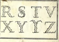 An illustration from Opera di frate Vespasiano Amphiareo da Ferrara dell'ordine minore conventvale, nella qvale s'insegna a scrivere varie sorti di lettere : & massime una lettera bastarda da lui nouamente con sua industria ritrouata, laquale serue al cancellaresco & mercantesco : poi insegna a far l'inchiostro negrissimo con tanta facilità, che ciascuno per semplice che sia, lo saprà far da se : anchora a macinar l'oro, & scriuere con esso come si farà con l'inchiostro, parimente a scriuere con l'azurro, & col cenaprio : opera vtilissima, e molto necessaria all'uso humano : aggivntovi di nvovo dve bellissimi alpha beti di maiuscole, che nell'altre impressioni non si sono piu stampati (1572)