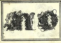 An illustration from Opera di frate Vespasiano Amphiareo da Ferrara dell'ordine minore conventvale, nella qvale s'insegna a scrivere varie sorti di lettere : & massime una lettera bastarda da lui nouamente con sua industria ritrouata, laquale serue al cancellaresco & mercantesco : poi insegna a far l'inchiostro negrissimo con tanta facilità, che ciascuno per semplice che sia, lo saprà far da se : anchora a macinar l'oro, & scriuere con esso come si farà con l'inchiostro, parimente a scriuere con l'azurro, & col cenaprio : opera vtilissima, e molto necessaria all'uso humano : aggivntovi di nvovo dve bellissimi alpha beti di maiuscole, che nell'altre impressioni non si sono piu stampati (1572)