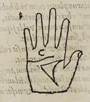 An illustration from Opus mathematicum octo libros complectens, : innumeris propemodum figuris idealibus manuum et physiognomiae, aliisque adornatum, quorum sex priores libri absolutissimae cheiromantiae theoricam, praxim, doctrinam, artem, & experientiam verissimam continent. Septimus physiognomiae dispositionem, hominʹumque omnium qualitates & complexiones. Octauus periaxiomata de faciebus signorum, & quid sol in vnaquaque domo existens, natis polliceatur. Remedia quoque omnium ægritudinum complectitur. Et naturalem astrologiam atq[ue] effectus lunae quoad diuersas ægritudines. Item isagogen astrologiæ iudiciariae, & totius diuinatricis artis encomia. Omnibus matheseos, cheiromantiae, philosophiae, & medicinæ studiosis vtiles ac necessarij. (1583)
