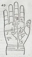 An illustration from Opvs mathematicvm octo libros complectens : innvmeris propemodvm figvris idealibvs manvvm et physiognomiae, aliisqve adornatvm, qvorvm sex priores libri absolutissimae cheiromantiae theoricam, praxim, doctrinam, artem, & experientiam verissimam continent : septimus physiognomiae dispositionem, hominumque omnium qualitates & complexiones : octauus periaxiomata de faciebus signorum, & quid sol in vnaquaque domo existens, natis polliceatur : remedia quoq; omnium aegritudinum complectitur : et naturalem astrologiam atq; effectus lunae quoad diuersas aegritudines : item isagogen astrologiae iudiciariae, & totius diuinatricis artis encomia ... (1562)