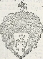 An illustration from Orbis Polonvs, splendoribus caeli: Triumphis mundi: pulchritudine animantium: decore aquatilium: naturae excellentia reptilium, condecoratvs. In qvo antiqva Sarmatarvm gentilitia, pervetvstae nobilitatis polonae insignia, vetera & noua indigenatus meritorum praemia & arma, specificantur & relucent. Nunc primum, vt Latinitati consecratus, ita claritate & veritate perspicuus (1641)