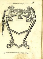 An illustration from Ordini di cavalcare, et modi di conoscere le nature de' caualli, di emendare i lor vitij, & d'ammaestrargli per l'uso della guerra, & giouamento de gli huomini : con varie figvre di morsi, secondo le bocche, & il maneggio che si vuol dar loro (1571)