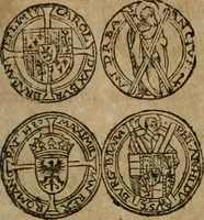 An illustration from Ordonnancie ende instructie naer de welcke voort-aen hen moeten reguleren die ghesworen wisselaers ofte collecteurs vande goude ende silvere penningen, wesende verboden, gheschroyt, te licht oft te seer versleten, ende oversulex verclaert ende ghehouden voor billoen, daer toe geoommitteert om de selve te leveren inde munten van Sijne Majesteyt, ende al daer bekeert te worden in penninghen van hunnen slaghe (1633)