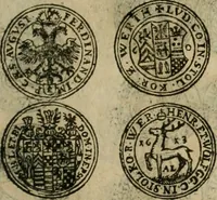 An illustration from Ordonnancie ende instructie naer de welcke voort-aen hen moeten reguleren die ghesworen wisselaers ofte collecteurs vande goude ende silvere penningen, wesende verboden, gheschroyt, te licht oft te seer versleten, ende oversulex verclaert ende ghehouden voor billoen, daer toe geoommitteert om de selve te leveren inde munten van Sijne Majesteyt, ende al daer bekeert te worden in penninghen van hunnen slaghe (1633)