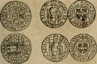 An illustration from Ordonnancie ende instructie naer de welcke voort-aen hen moeten reguleren die ghesworen wisselaers ofte collecteurs vande goude ende silvere penningen, wesende verboden, gheschroyt, te licht oft te seer versleten, ende oversulex verclaert ende ghehouden voor billoen, daer toe geoommitteert om de selve te leveren inde munten van Sijne Majesteyt, ende al daer bekeert te worden in penninghen van hunnen slaghe (1633)