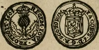 An illustration from Ordonnancie ende instructie naer de welcke voort-aen hen moeten reguleren die ghesworen wisselaers ofte collecteurs vande goude ende silvere penningen, wesende verboden, gheschroyt, te licht oft te seer versleten, ende oversulex verclaert ende ghehouden voor billoen, daer toe geoommitteert om de selve te leveren inde munten van Sijne Majesteyt, ende al daer bekeert te worden in penninghen van hunnen slaghe (1633)