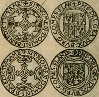 An illustration from Ordonnancie ende instructie naer de welcke voort-aen hen moeten reguleren die ghesworen wisselaers ofte collecteurs vande goude ende silvere penningen, wesende verboden, gheschroyt, te licht oft te seer versleten, ende oversulex verclaert ende ghehouden voor billoen, daer toe geoommitteert om de selve te leveren inde munten van Sijne Majesteyt, ende al daer bekeert te worden in penninghen van hunnen slaghe (1633)