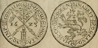 An illustration from Ordonnancie ende instructie naer de welcke voort-aen hen moeten reguleren die ghesworen wisselaers ofte collecteurs vande goude ende silvere penningen, wesende verboden, gheschroyt, te licht oft te seer versleten, ende oversulex verclaert ende ghehouden voor billoen, daer toe geoommitteert om de selve te leveren inde munten van Sijne Majesteyt, ende al daer bekeert te worden in penninghen van hunnen slaghe (1633)