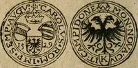 An illustration from Ordonnancie ende instructie naer de welcke voort-aen hen moeten reguleren die ghesworen wisselaers ofte collecteurs vande goude ende silvere penningen, wesende verboden, gheschroyt, te licht oft te seer versleten, ende oversulex verclaert ende ghehouden voor billoen, daer toe geoommitteert om de selve te leveren inde munten van Sijne Majesteyt, ende al daer bekeert te worden in penninghen van hunnen slaghe (1633)