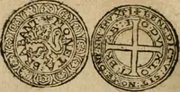 An illustration from Ordonnancie ende instructie naer de welcke voort-aen hen moeten reguleren die ghesworen wisselaers ofte collecteurs vande goude ende silvere penningen, wesende verboden, gheschroyt, te licht oft te seer versleten, ende oversulex verclaert ende ghehouden voor billoen, daer toe geoommitteert om de selve te leveren inde munten van Sijne Majesteyt, ende al daer bekeert te worden in penninghen van hunnen slaghe (1633)