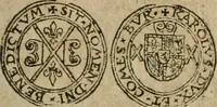 An illustration from Ordonnancie ende instructie naer de welcke voort-aen hen moeten reguleren die ghesworen wisselaers ofte collecteurs vande goude ende silvere penningen, wesende verboden, gheschroyt, te licht oft te seer versleten, ende oversulex verclaert ende ghehouden voor billoen, daer toe geoommitteert om de selve te leveren inde munten van Sijne Majesteyt, ende al daer bekeert te worden in penninghen van hunnen slaghe (1633)