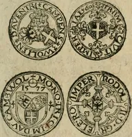 An illustration from Ordonnancie ende instructie naer de welcke voort-aen hen moeten reguleren die ghesworen wisselaers ofte collecteurs vande goude ende silvere penningen, wesende verboden, gheschroyt, te licht oft te seer versleten, ende oversulex verclaert ende ghehouden voor billoen, daer toe geoommitteert om de selve te leveren inde munten van Sijne Majesteyt, ende al daer bekeert te worden in penninghen van hunnen slaghe (1633)