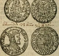 An illustration from Ordonnancie ende instructie naer de welcke voort-aen hen moeten reguleren die ghesworen wisselaers ofte collecteurs vande goude ende silvere penningen, wesende verboden, gheschroyt, te licht oft te seer versleten, ende oversulex verclaert ende ghehouden voor billoen, daer toe geoommitteert om de selve te leveren inde munten van Sijne Majesteyt, ende al daer bekeert te worden in penninghen van hunnen slaghe (1633)