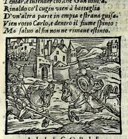 An illustration from Orlando fvrioso di M. Lodovico Ariosto : con gli argomenti in ottaua rima di M. Lodouico Dolce ; et con l'allegorie à ciascun canto di Thomaso Porcacchi da Castiglione Aretino, diligentemente corretto, & di nuoue figure adornato (1600)