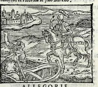 An illustration from Orlando fvrioso di M. Lodovico Ariosto : con gli argomenti in ottaua rima di M. Lodouico Dolce ; et con l'allegorie à ciascun canto di Thomaso Porcacchi da Castiglione Aretino, diligentemente corretto, & di nuoue figure adornato (1600)