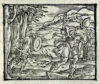 Picture 8 of 56 from Orlando fvrioso di M. Lodovico Ariosto : con gli argomenti in ottaua rima di M. Lodouico Dolce ; et con l'allegorie à ciascun canto di Thomaso Porcacchi da Castiglione Aretino, diligentemente corretto, & di nuoue figure adornato (1600), leaf 187