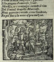 An illustration from Orlando fvrioso di M. Lodovico Ariosto : con gli argomenti in ottaua rima di M. Lodouico Dolce ; et con l'allegorie à ciascun canto di Thomaso Porcacchi da Castiglione Aretino, diligentemente corretto, & di nuoue figure adornato (1600)