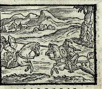 An illustration from Orlando fvrioso di M. Lodovico Ariosto : con gli argomenti in ottaua rima di M. Lodouico Dolce ; et con l'allegorie à ciascun canto di Thomaso Porcacchi da Castiglione Aretino, diligentemente corretto, & di nuoue figure adornato (1600)