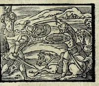 An illustration from Orlando fvrioso di M. Lodovico Ariosto : con gli argomenti in ottaua rima di M. Lodouico Dolce ; et con l'allegorie à ciascun canto di Thomaso Porcacchi da Castiglione Aretino, diligentemente corretto, & di nuoue figure adornato (1600)