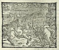 An illustration from Orlando fvrioso di M. Lodovico Ariosto : con gli argomenti in ottaua rima di M. Lodouico Dolce ; et con l'allegorie à ciascun canto di Thomaso Porcacchi da Castiglione Aretino, diligentemente corretto, & di nuoue figure adornato (1600)
