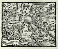 An illustration from Orlando fvrioso di M. Lodovico Ariosto : con gli argomenti in ottaua rima di M. Lodouico Dolce ; et con l'allegorie à ciascun canto di Thomaso Porcacchi da Castiglione Aretino, diligentemente corretto, & di nuoue figure adornato (1600)