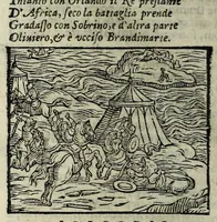 An illustration from Orlando fvrioso di M. Lodovico Ariosto : con gli argomenti in ottaua rima di M. Lodouico Dolce ; et con l'allegorie à ciascun canto di Thomaso Porcacchi da Castiglione Aretino, diligentemente corretto, & di nuoue figure adornato (1600)
