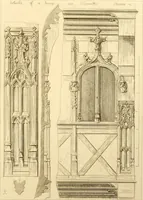 An illustration from Ornaments of the XVth and XVIth centuries. Ancient timber houses at Rouen, Caen, Bauvais, &c., Gothic furniture of the XVth century. Designs for gold & silver ornaments, and designs for iron & brass-work in the style of the XVth & XVIth centuries (1836)